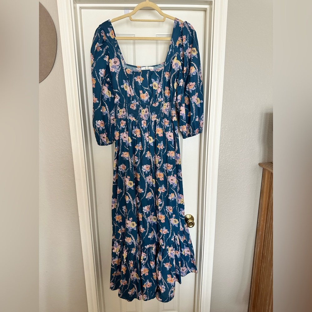 LoveShackFancy Teal Floral Long Sleeve Dress